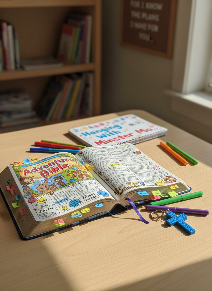 A colorful, well-worn children’s Bible lying open on a smooth light-wood table, its pages edged with playful, multicolored sticky tabs and doodle-style margin notes about faith and friendship. Around it are a few bright gel pens, a small rubber cross keychain, and a spiral notebook with “Hanging With Minster Mo” handwritten in chunky bubble letters. Soft afternoon window light washes across the scene, creating gentle shadows and a warm, welcoming glow. Photographic realism, eye-level composition with shallow depth of field, the Bible in sharp focus and the background fading into a soft bokeh of bookshelves and a felt-board memory verse, evoking an inviting, Christ-centered study time for kids and teens.