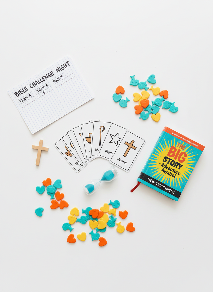 A dynamic flat lay of youth ministry game materials spread across a smooth white table: a stack of custom-designed cards with simple icons for Bible stories, a small sand timer, bright plastic tokens shaped like hearts and fish, and a compact New Testament with a bold graphic cover. A handwritten score sheet titled “Bible Challenge Night” sits to one side, next to a small wooden cross. Overhead, diffused softbox lighting creates an even, shadow-free glow, making colors appear vivid and crisp. Photographic realism with a perfectly top-down composition, playful and energetic in mood, showing how Scripture can be explored through fun, interactive activities for kids, tweens, and teens.