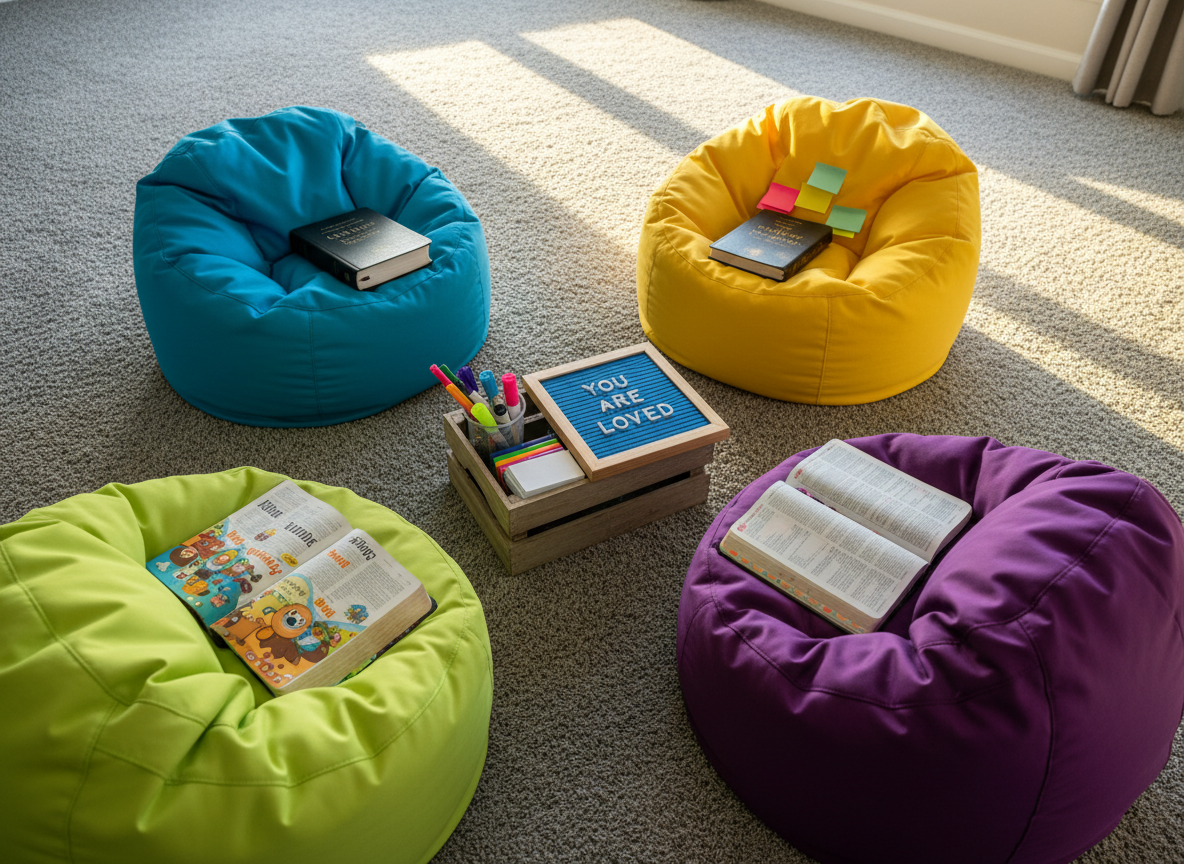 A circle of mismatched, brightly colored beanbag chairs arranged on a soft gray carpet, each chair holding a different age-appropriate Bible or devotional book: a cartoon-covered children’s Bible, a teen journaling Bible with patterned edges, and a compact, worn youth Bible with sticky notes. In the center sits a small, rustic wooden crate filled with highlighters, index cards, and a felt-board memory verse that reads “You are loved.” Late-afternoon golden light streams through unseen windows, creating long, gentle shadows and a cozy glow. Photographic realism, wide-angle eye-level shot that keeps every detail crisp, conveying an inclusive, playful, Christ-centered gathering space for young people.