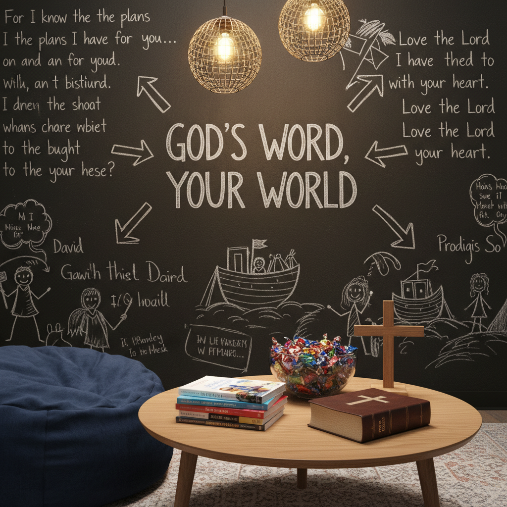 A cozy youth room corner featuring a low round table topped with a stack of colorful devotional booklets, a well-used leather-bound Bible, and a bowl of brightly wrapped candies beside a small wooden cross. The background shows a chalkboard wall filled with hand-drawn verses, simple stick-figure stories, and playful arrows pointing to the words “God’s Word, Your World.” Soft, warm pendant lighting hangs overhead, casting a golden glow and gentle shadows that make the colors pop. Photographic realism, shot from a slightly elevated angle using the rule of thirds, celebrating a playful yet reverent space where tweens and teens can explore Scripture in a fun, relatable way.