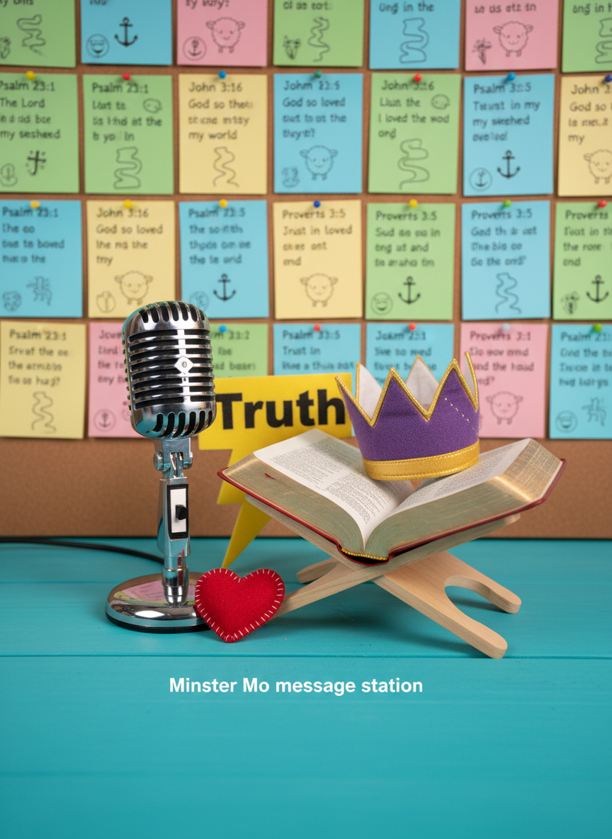 A playful “Minster Mo message station” set up on a bright turquoise desk, featuring a vintage-style microphone, a compact open Bible on a small wooden stand, and a fun collection of props: a cartoon crown, a foam lightning bolt labeled “Truth,” and a small felt heart stitched with a cross. Behind, a corkboard is filled with colorful note cards showing short memory verses and simple, doodled icons like anchors, sheep, and paths. Soft studio lighting from the front-right creates gentle highlights and faint, clean shadows, enhancing the vivid colors. Photographic realism, medium close-up shot with shallow depth of field, giving the scene a playful podcast or livestream feel for teaching God’s Word simply.