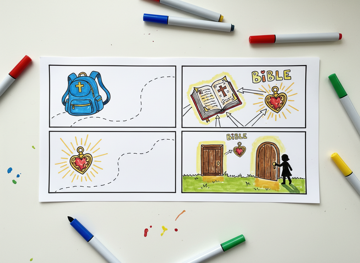 A vibrant, hand-drawn storyboard layout spread across a white tabletop, illustrating a modern-day parable. Comic-style panels show symbolic objects only: a lost backpack, a glowing heart-shaped locket, an open Bible, and a small wooden door with light streaming out from underneath. Colorful markers without any hands rest near the drawings, one uncapped and lying on its side. Diffused daylight from a nearby window creates soft, even lighting with minimal shadows, emphasizing the playful colors and clean lines. Photographic realism with an overhead, bird’s-eye composition, sharp focus across the entire frame. The mood is imaginative and upbeat, visually capturing how biblical truths can be retold simply for kids, tweens, and teens.