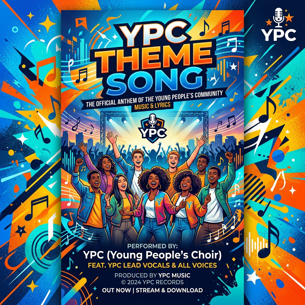 Illustration of diverse young choir group celebrating with raised hands in front of concert stage with musical notes and city skyline