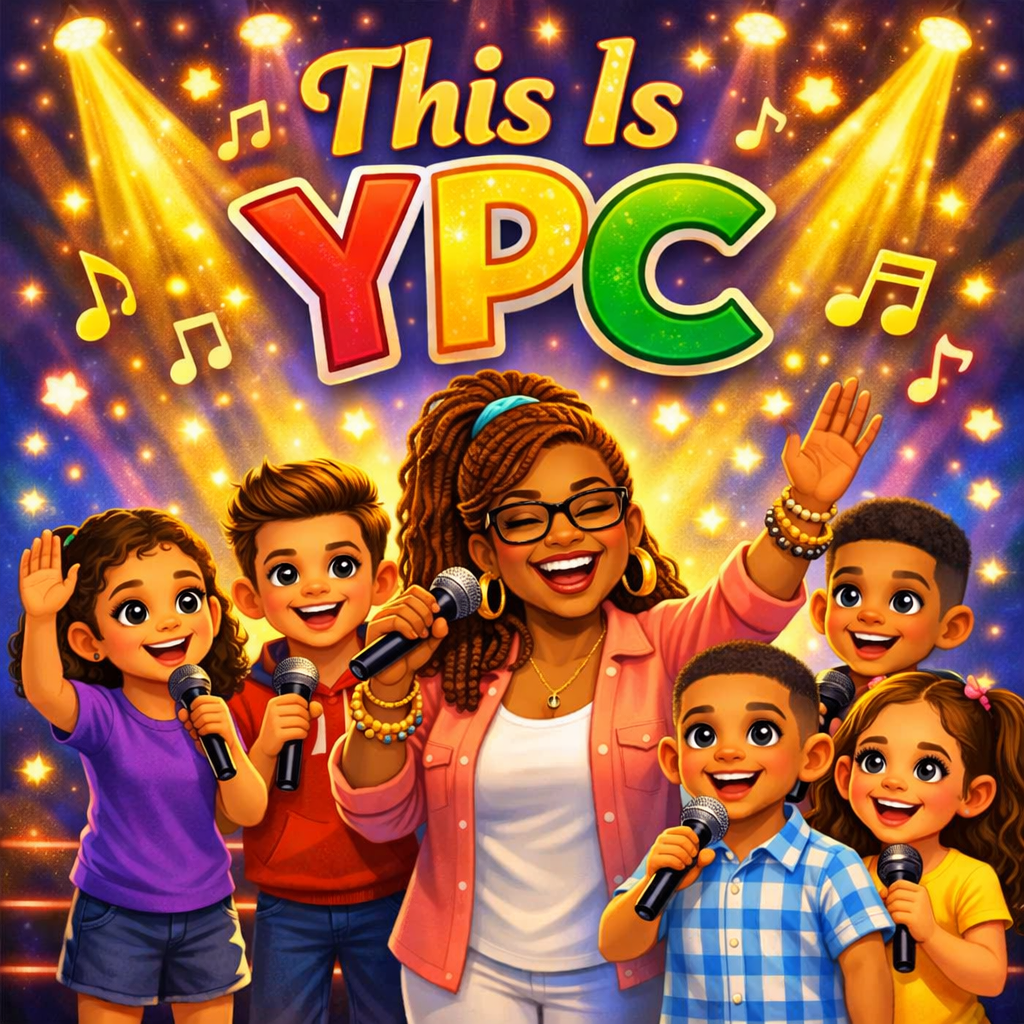 A vibrant illustration of a group of children and an adult woman singing into microphones on a colorful stage, with musical notes and lights in the background, promoting 'This Is YPC'.